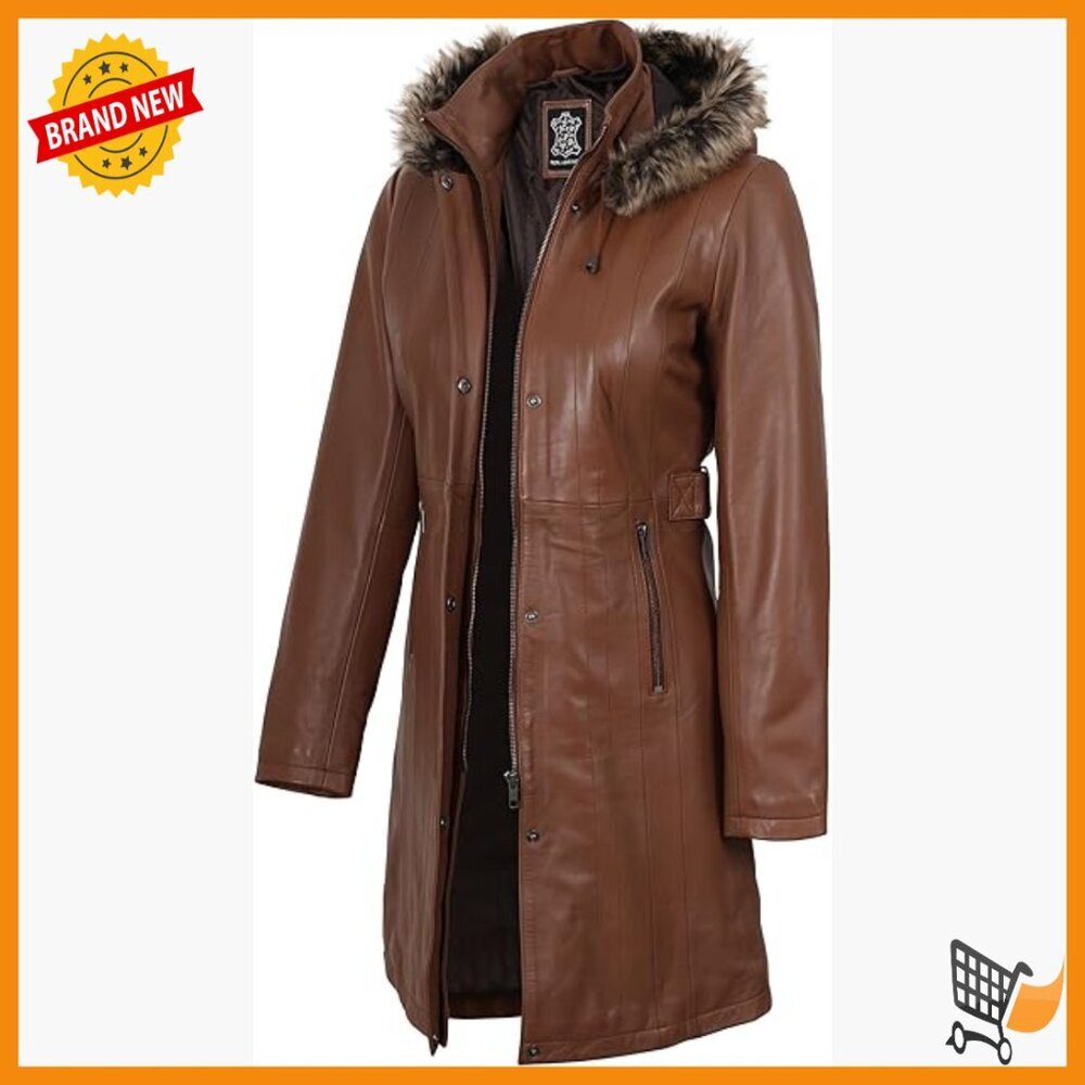 Real Lambskin Leather Coat Hooded Parka Anorak Long Sleeve Winter